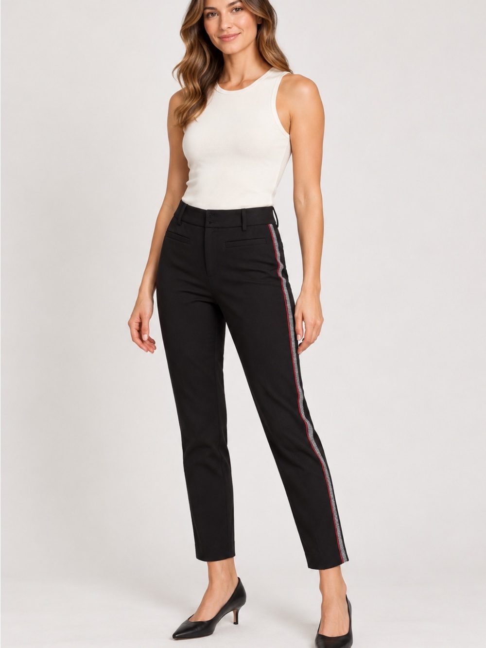 Anthropologie Black Cropped Pants with Red & Gray Side Stripe